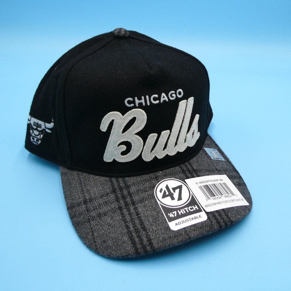 '47 Chicago Bulls Hat Mens OSFA‎ Hitch Windowpane Plaid Script Black Wool Blend